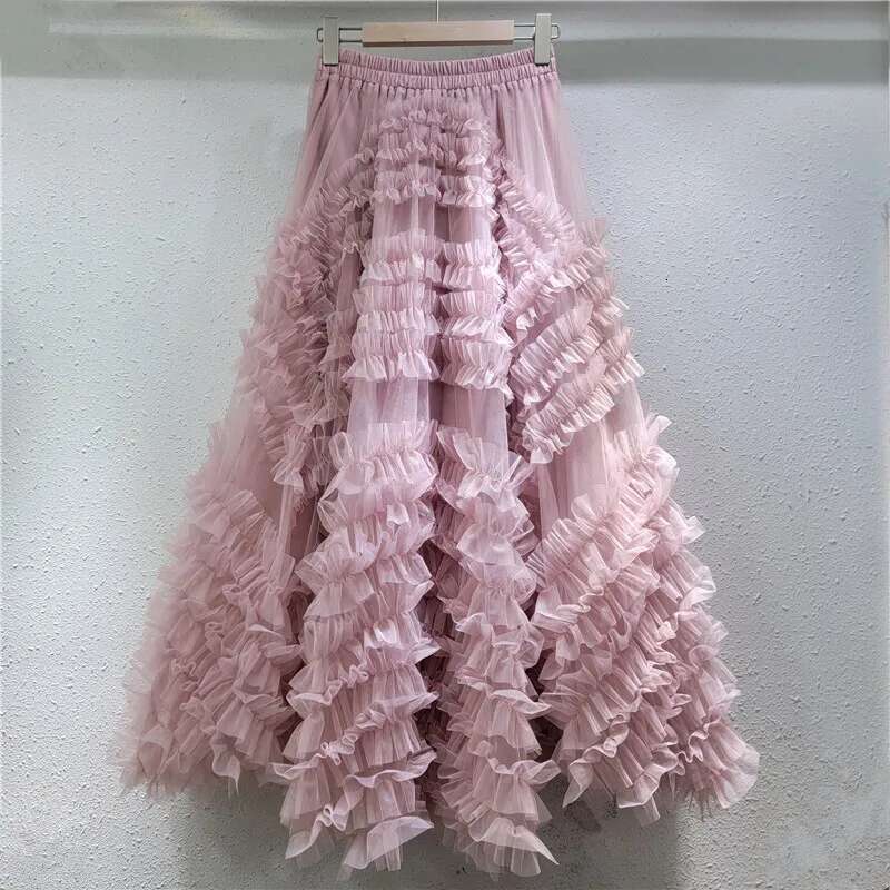 Mesh Spliced Loose Casual Sweet Style Skirts Irregular Hem Solid Color All-Match Women Skirt 2025 Spring New Tide 16O4126