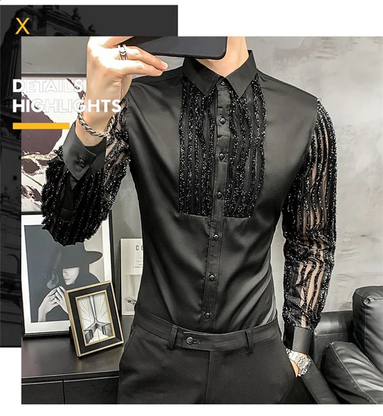 Lace Hollow Shirts for Men Long Sleeve Slim Fit Streetwear Social Party Blouse Nightclub Singer Dj Clothing Shirts For Men 250226
