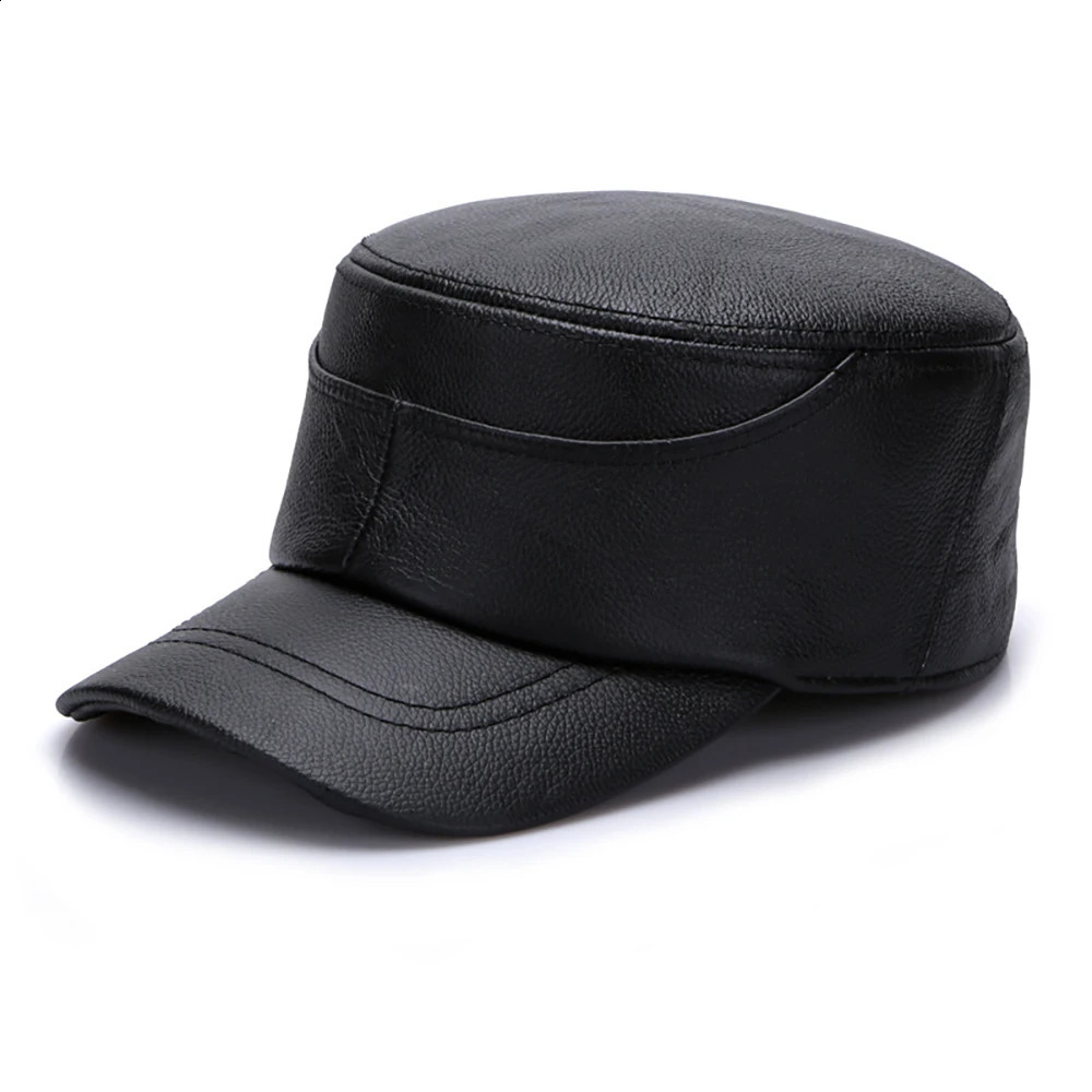 Cow Leather Flat Cap Earflap Cap Men Leather Hats Fall Winter men 100% Genuine Cowhide Leather Military Caps 250228