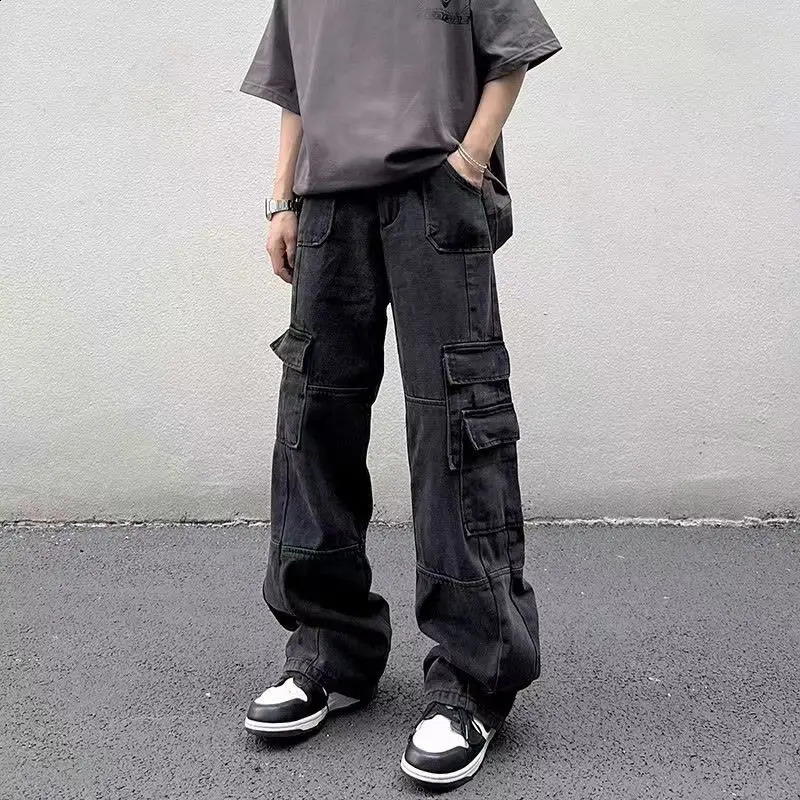 Mens cargo pants with multiple pockets on the street black and gray work pants suitable for mens loose pants high waisted retro straight leg jeans 250