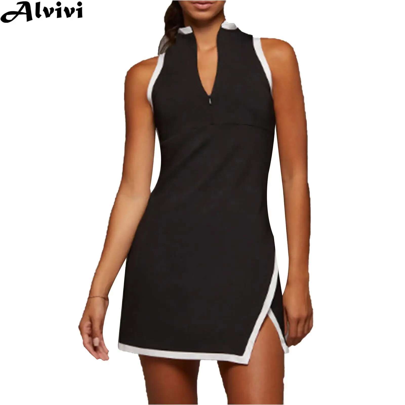 Women Tennis Golf Dress Sleeveless Mock Neck Side Split Above Knee Length Sports Dresses For Badminton Running Hiking Workout