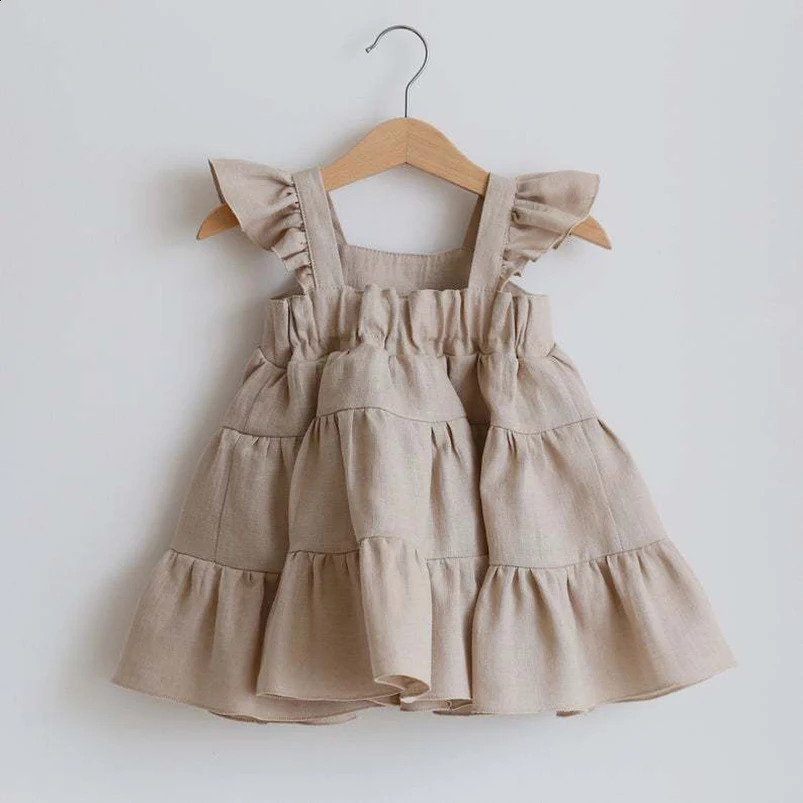 Ruffles Lace Girls Beach Dress Summer Vintage Linen Cotton Infant Kids Dresses for Girls Clothing Toddler Girls Cake Dress Child 250228