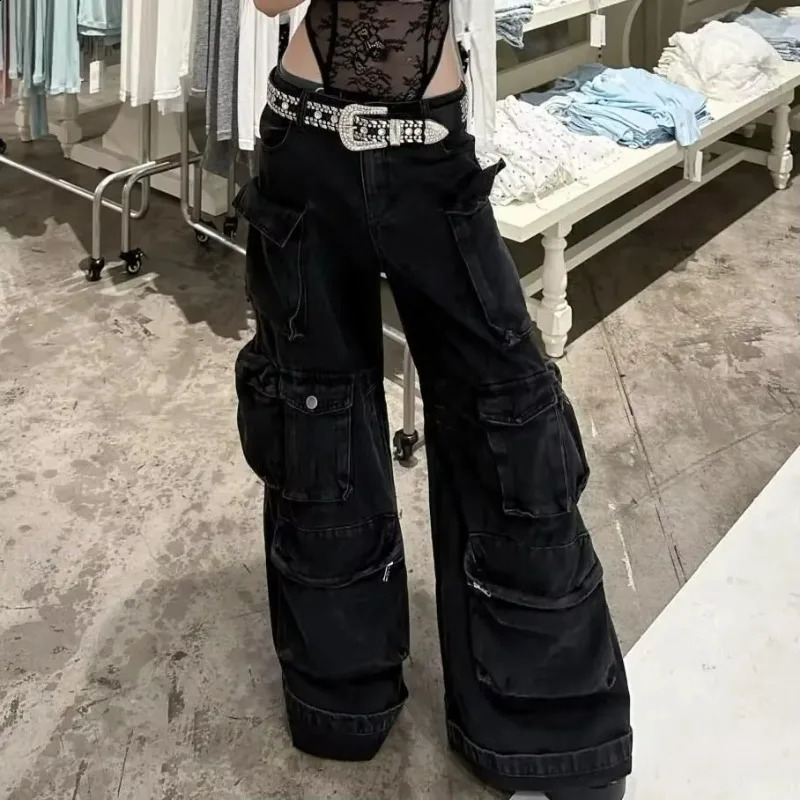 American washed multi pocket work jeans Y2K retro womens street black straight leg loose wide leg casual jeans 250224