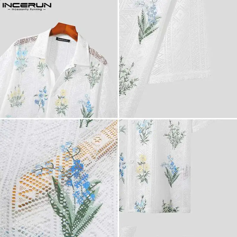 Mens Shirt Printed Mesh Hollow Transparent Collar Short Sleeve Mens Street Clothing Casual Camisas INCERUN 250224