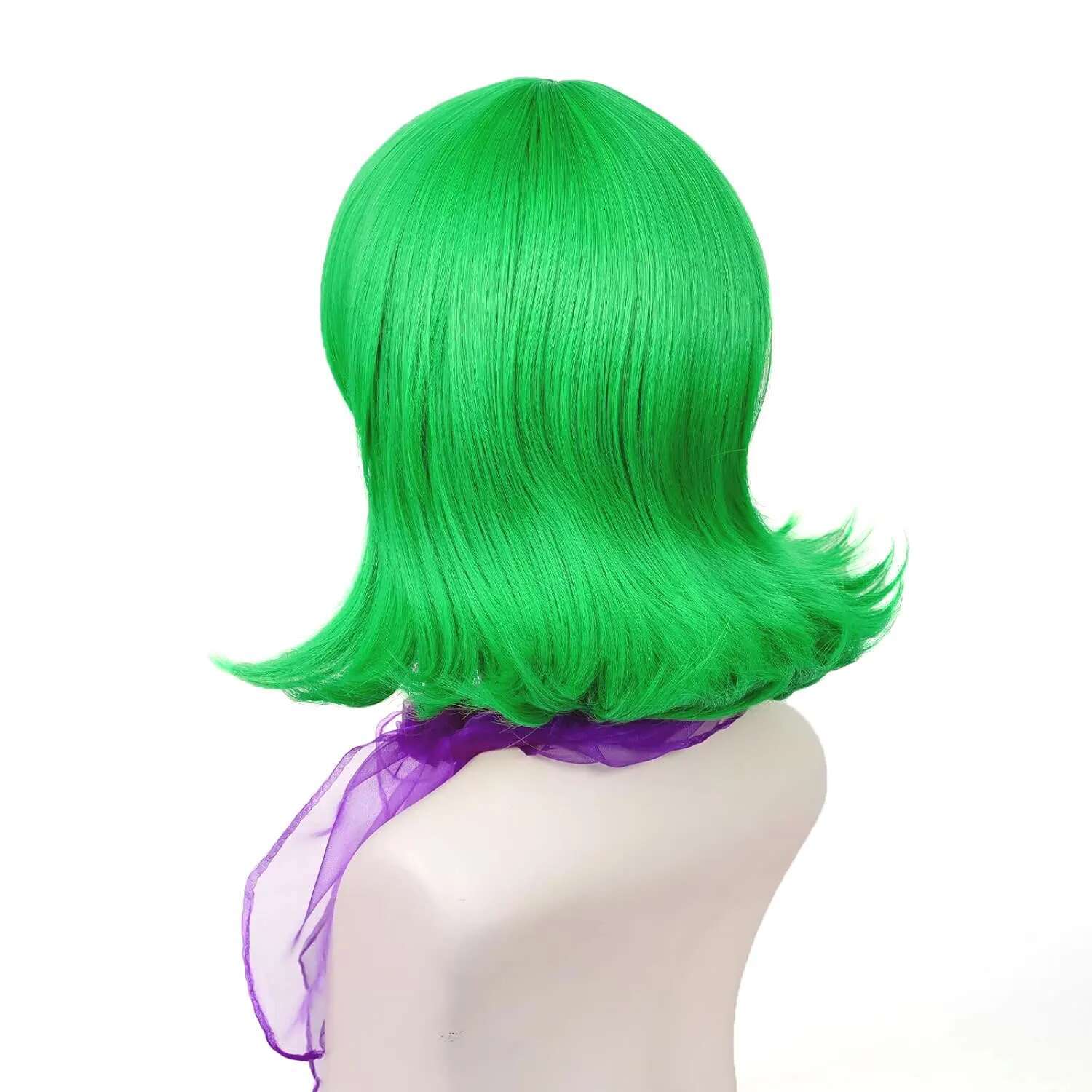 Wavy Cosplay Wig Short Synthetic Green Flip Out Hair With Purple Scarf For Women Costume Halloween Dress Up Party