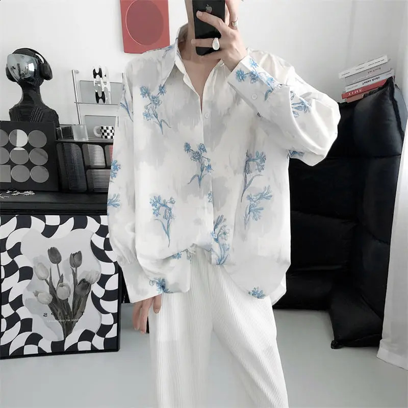 Fashion Street 3D Printed Loose Collar mens Long Sleeve Top Simple Floral Pattern Shirt Loose mens Long Sleeve Shirt 250225