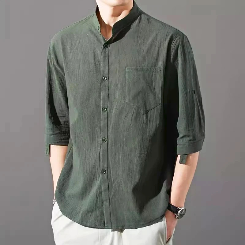 Three Quarter Sleeve Shirts Summer Cotton Linen Mens Solid Color Stand-Up Collar Casual Beach Style Shirt Tops 250225