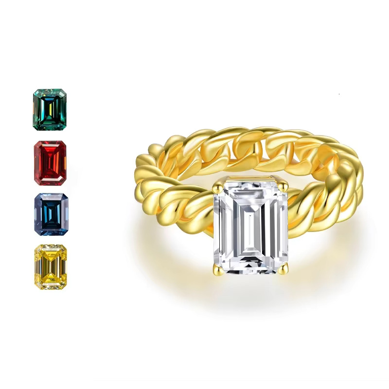 Wholesale Fashion Hip Hop Jewelry Solitaire Rings 925 Silver Emerald Cut Moissanite Diamond Cuban Rings 3Ct for Men Women