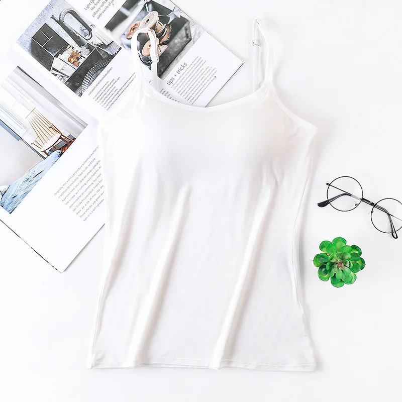 1 Piec Undershirt Solid Color Smocked Camisole Tank Top with Bra Pads Tops Female Summer Underwear Bottoming Anti-walking Bustie 250224