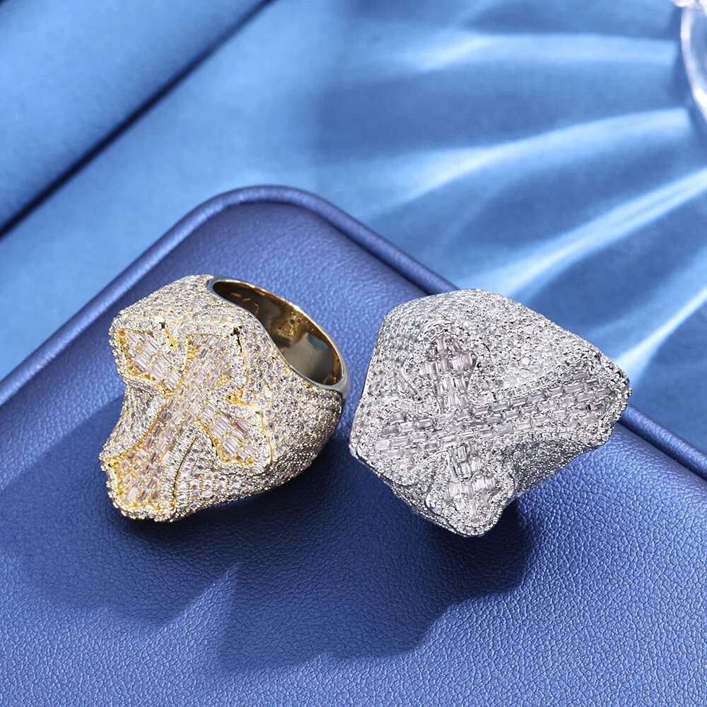 Hip Hop Style Iced Out Cuban Men's Sparkg Gold-Plated and T-shaped Dia Cross Ring Holiday Gift