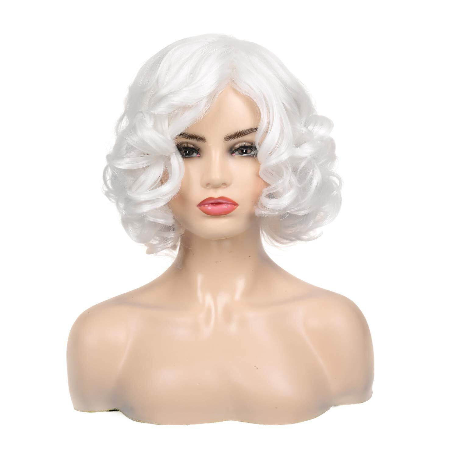 Baruisi Women's Short Curly White Synthetic Natural Wave Clothing Wig Role Playing Party