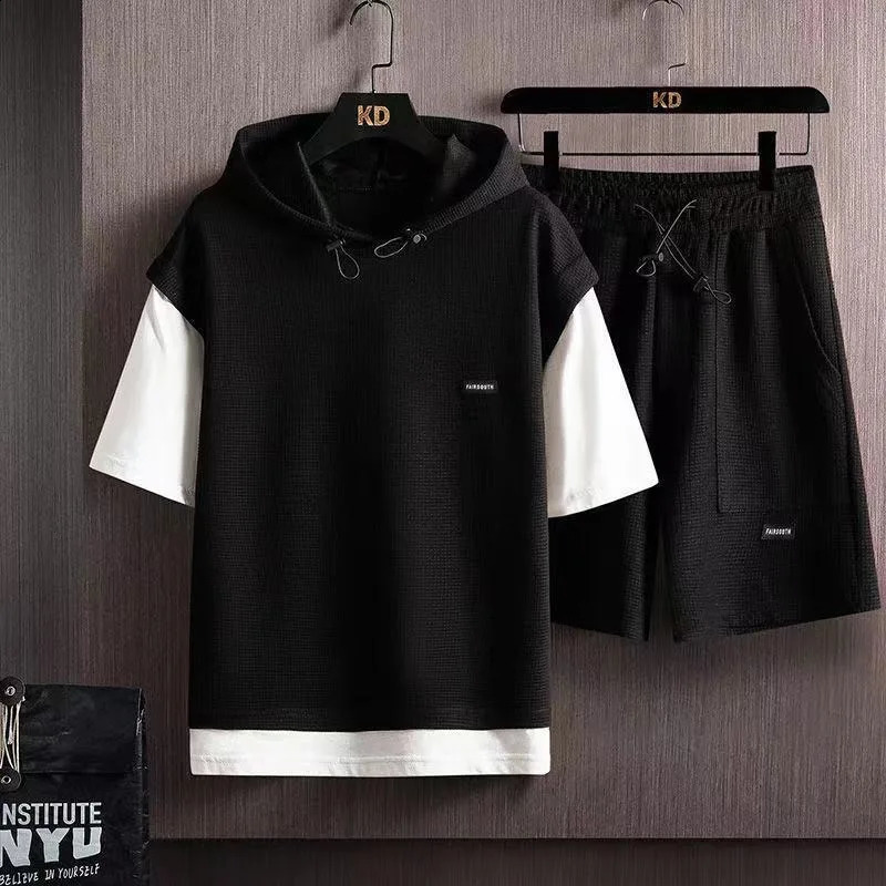 Summer Mens Fashion waffle short sleeved T-shirt two-piece mens casual and comfortable plus size high-quality sports set 5XL 250225