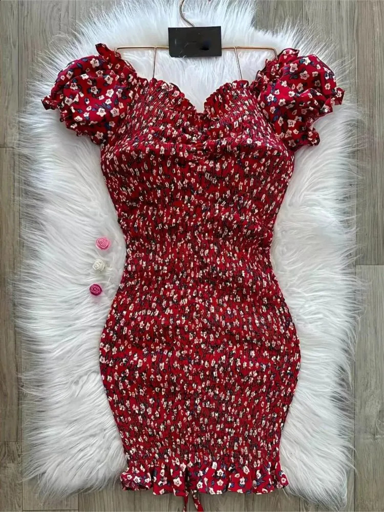 2024 Summer Slim Mini Floral Dres Sexy Vneck Backless Ruffles One Shoulder Dresses Female Fashion Commuting Clothing 250227