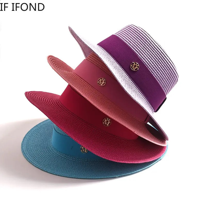 Summer Straw Sun Hats for Women Ladies Fashion Flat Brim Ribbon Beach Hat Travel Dress Cap chapeau femme 250227