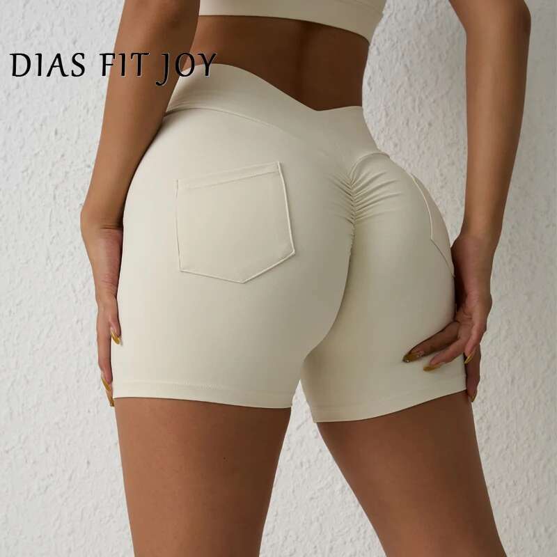 DIAS FIT JOY Women's V-Waist Pleated Yoga Pocket Fiess Hip Lifting Quick Drying Gym Training Shorts