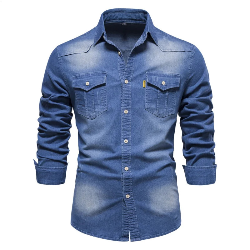 GIOIODenim shirt for men2025Spring HighQuality Solid Color Retro TopFashionable Versatile Long Sleeve Denim Shirt 250226