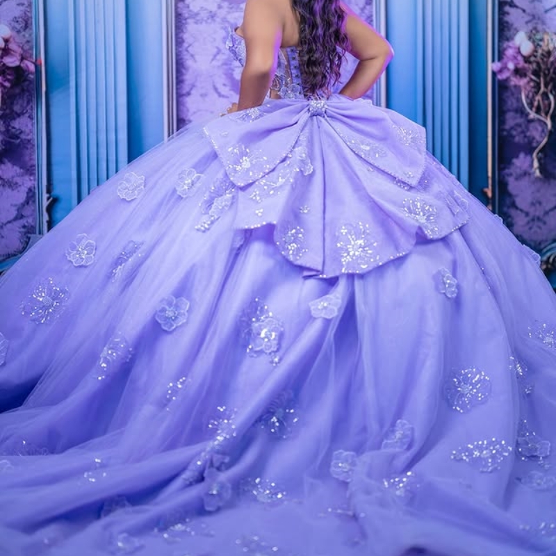 Lavender Shiny Quinceanera Dresses Ball Gown Off The Shoulder Applique Bow Beads Corset Tull Party Birthday Sweet 16 Vestidos 15 Anos