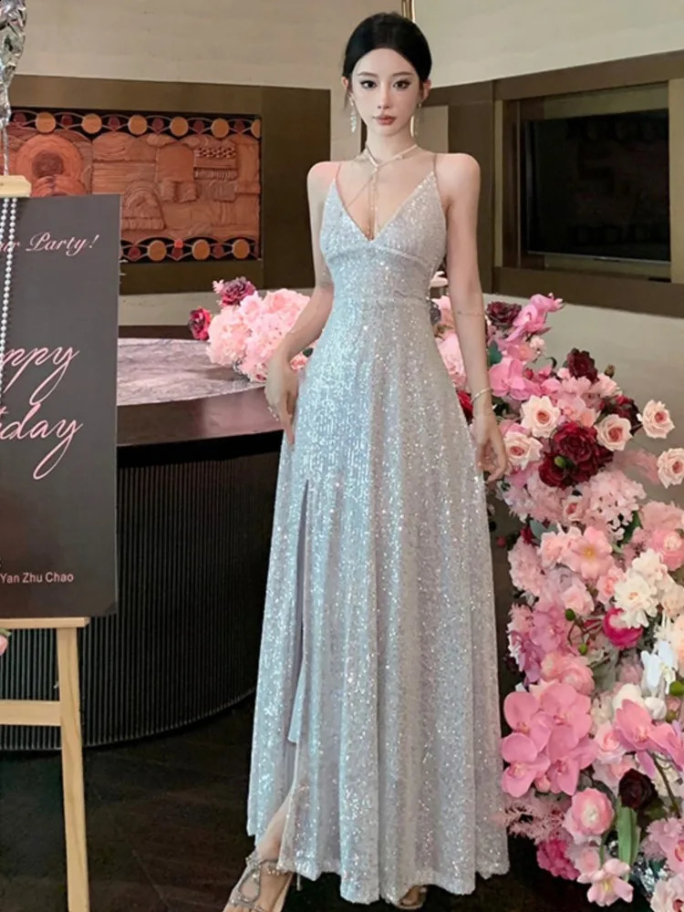 Womens Backless Sexy Split Midi Summer Dress Spaghetti Strap Slim Evening Party Prom Birthday Dresses Female Fashion Long Dress 250226
