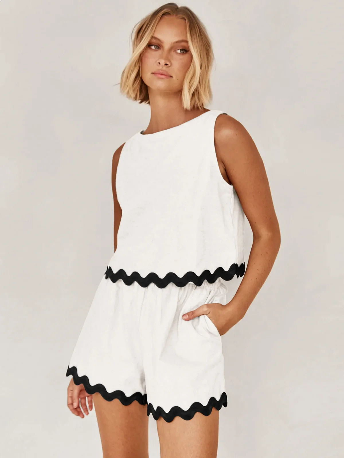 OSEN Casual Linen Women Suits 2 Pieces sleeveless topHigh Waist Wide Leg Shorts Fashion Summer Streetwear Sets 250225