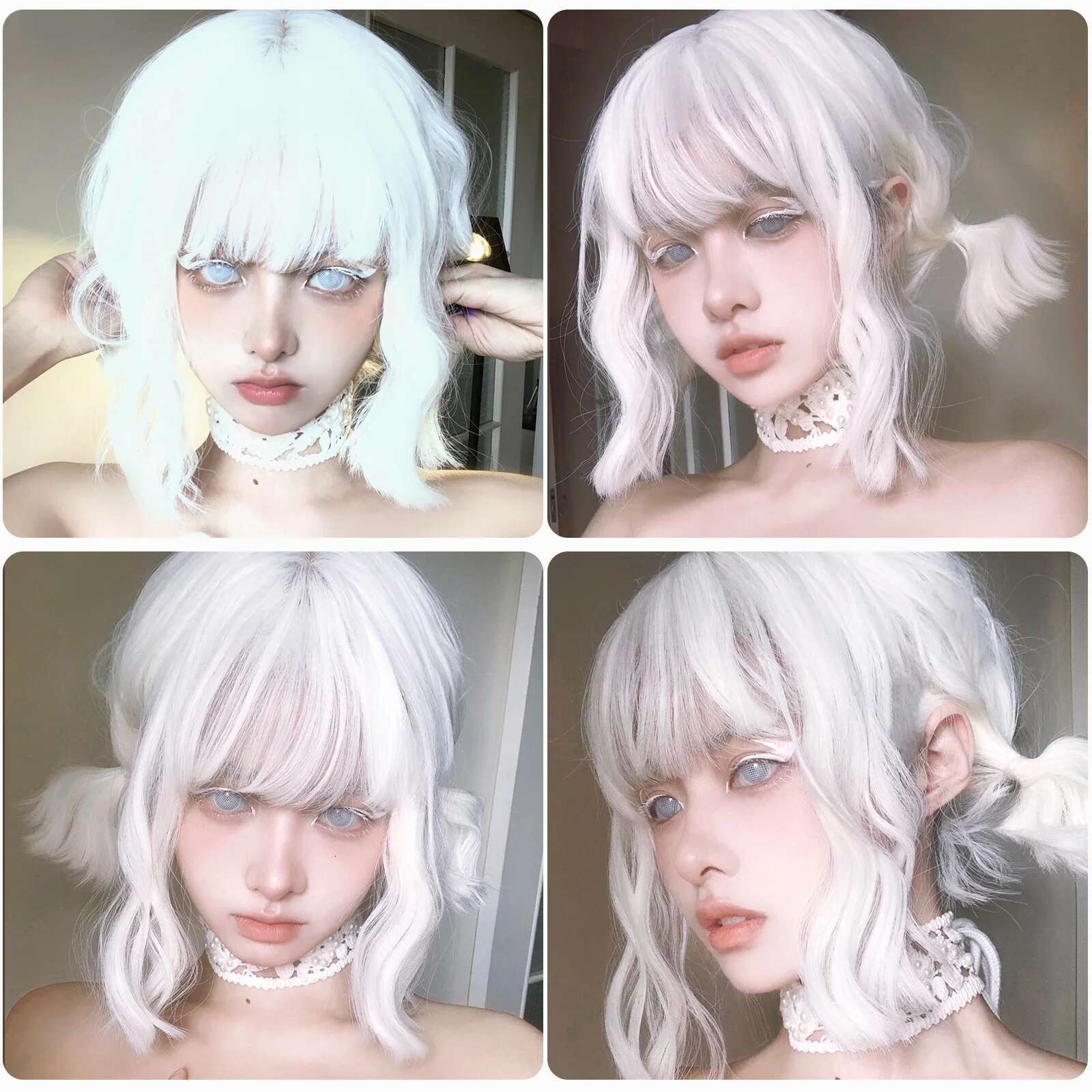 White Bob Synthetic Short Curly Wavy Lolita Natural Hair Wigs With Bangs For Women Heat Resistant Cosplay Wig