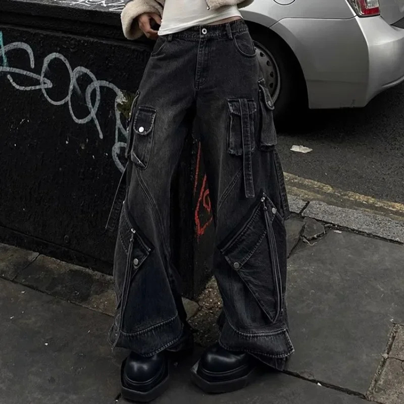 Fashion Heavy Industry Multi Pocket Wash Cargo Pants Women Y2K Streetwear Winter Girl Hip Hop High Waist Straight Jeans 250224