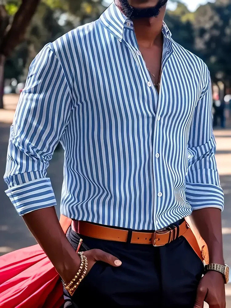 Streetwear Vintage Striped Shirt For Mens Long Sleeve Button-up Turn-down Collar Shirts Men Clothes Spring Casual Cardigan Tops 250224