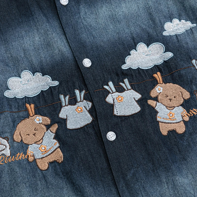 Summer Mens Short Sleeve Denim Shirts Hip Hop Cartoon Embroidery Vintage Blouses Harajuku Streetwear Casual Fashion Loose Shirts 250225