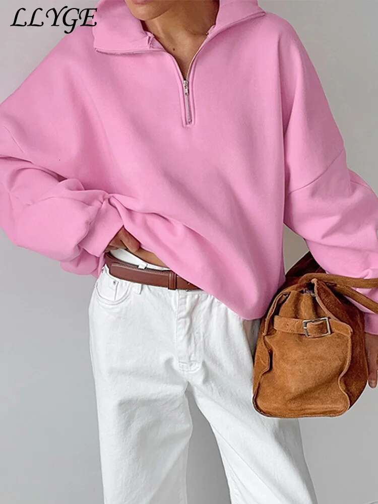 Designer Casual Lapel Women's Sweatshirt Loose Long Sleeve Zipper Patchwork Female Pullovers 2024 Autumn Lady Lazy Solid Sport Outwear