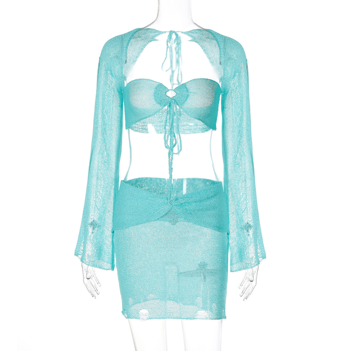 Hot Selling New4 Autumn New Sexy Perforated Strapless Long Sleeved Hollow Out Woolen Short Skirt Set