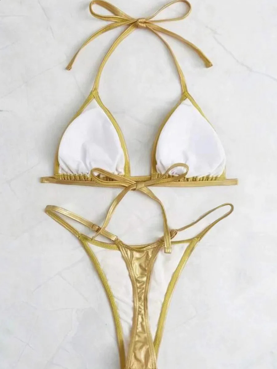 Metallic PU Leather Extreme Mini Thong Bikini Female Swimsuit Women Swimwear Twopieces Set Halter Bathing Suit Swim Lady 250227