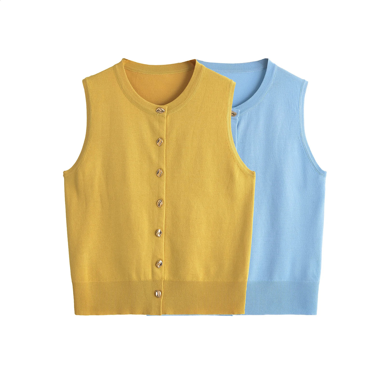 2025 Spring Womens Round Neck Sleeveless Multifunctional Casual Golden Single Breasted Knitted Vest 250224