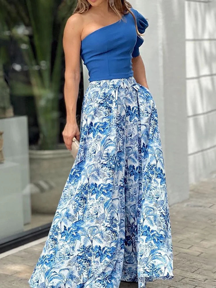 Womens Elegant Summer Loose Set Sexy Slant Neck Solid Cut Shirt and Printed Pocket Wide Leg Pants Set Waist Set 250225
