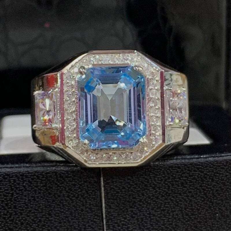 Feiyu's new square sea blue domineering fashionable men's bracelet silver diamond ring