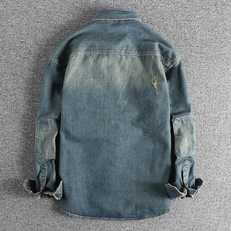 Heavy washing to do old vintage denim shirt men loose casual trend youth 250226