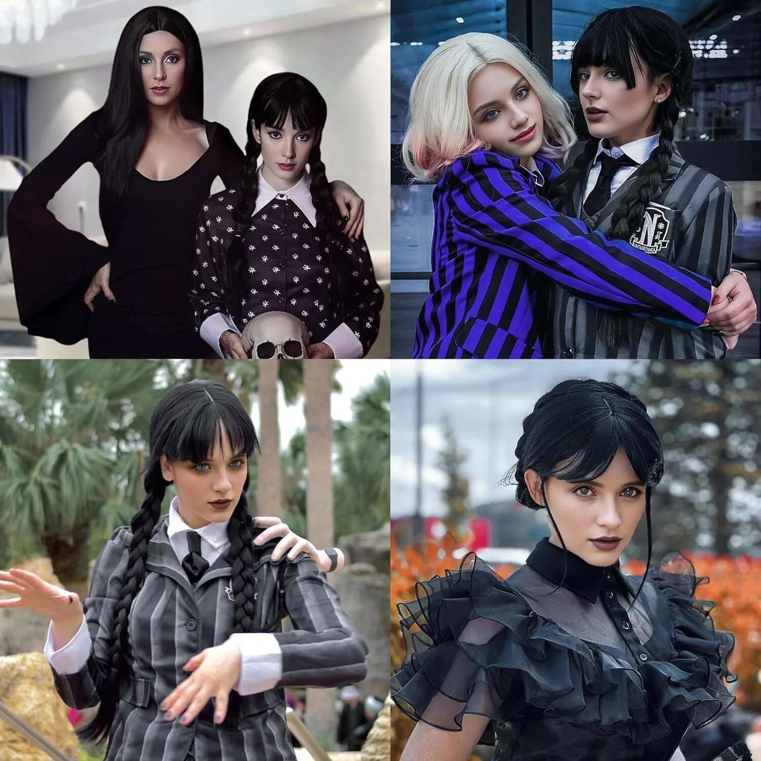 Synthetic Black Braided Pigtail Braids Halloween Costume Compatible With Wednesday Addams Wig
