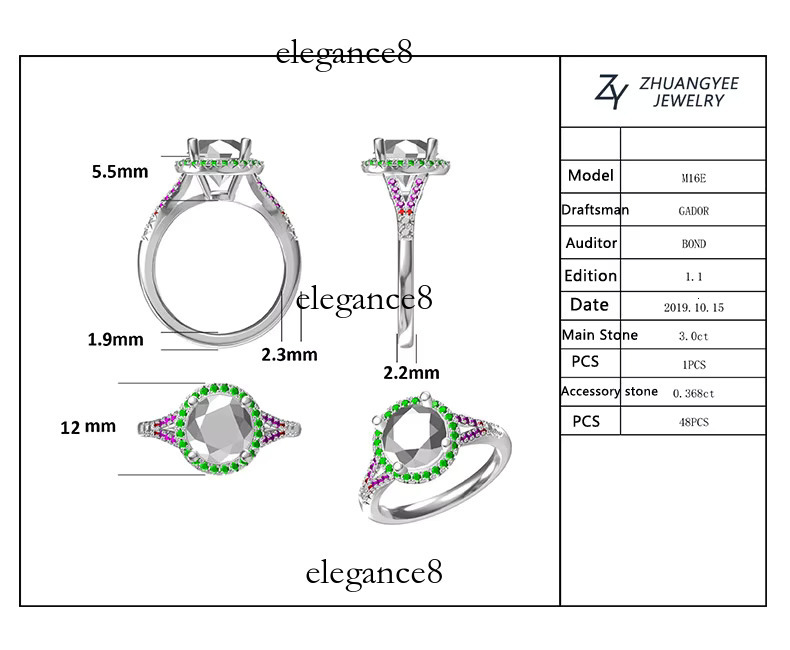 Jewelry electroplated women's wedding engagement ring, gold silica D VVS pure sier, new to 3 Ct M16E