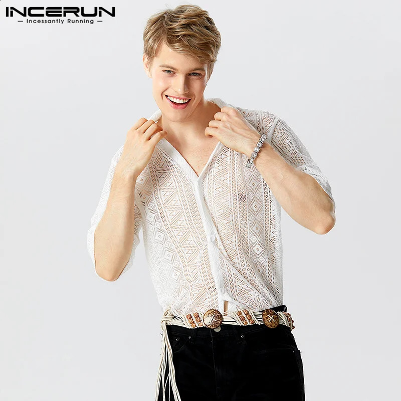 INCERUN Tops American Style Casual Mens Hollow Lace Printed Shirts Fashion Street Short Sleeved Lapel Blouse S-5XL 250224