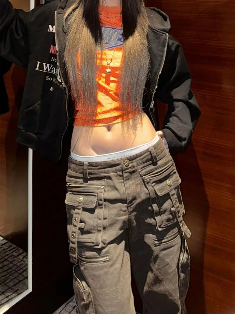 Y2K fashion heavy industry multi pocket work jeans for women retro washed hip-hop girls loose and casual high waist wide leg jeans 250224