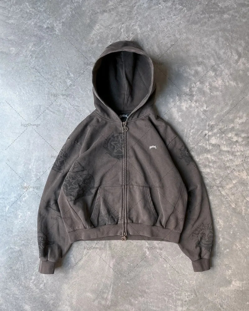Y2K American Retro Personalized Print Fashion Loose Zipper Hoodie Men Harajuku Casual All-match Oversized Sweatshirt Women 250226