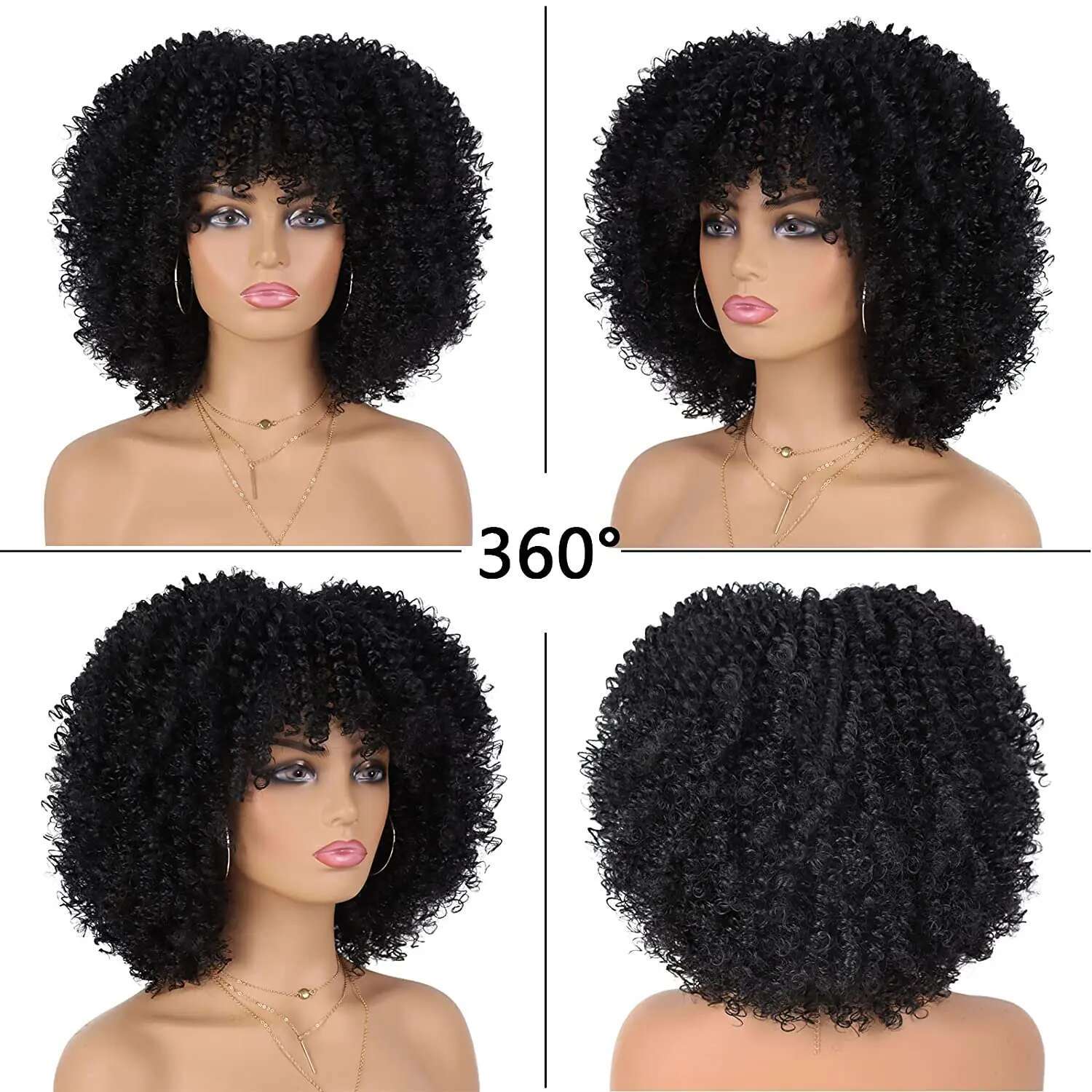 Short Synthetic With Bangs Wigs 12 Inch Natural Afro Kinky Curly Hair Wig For Daily Party