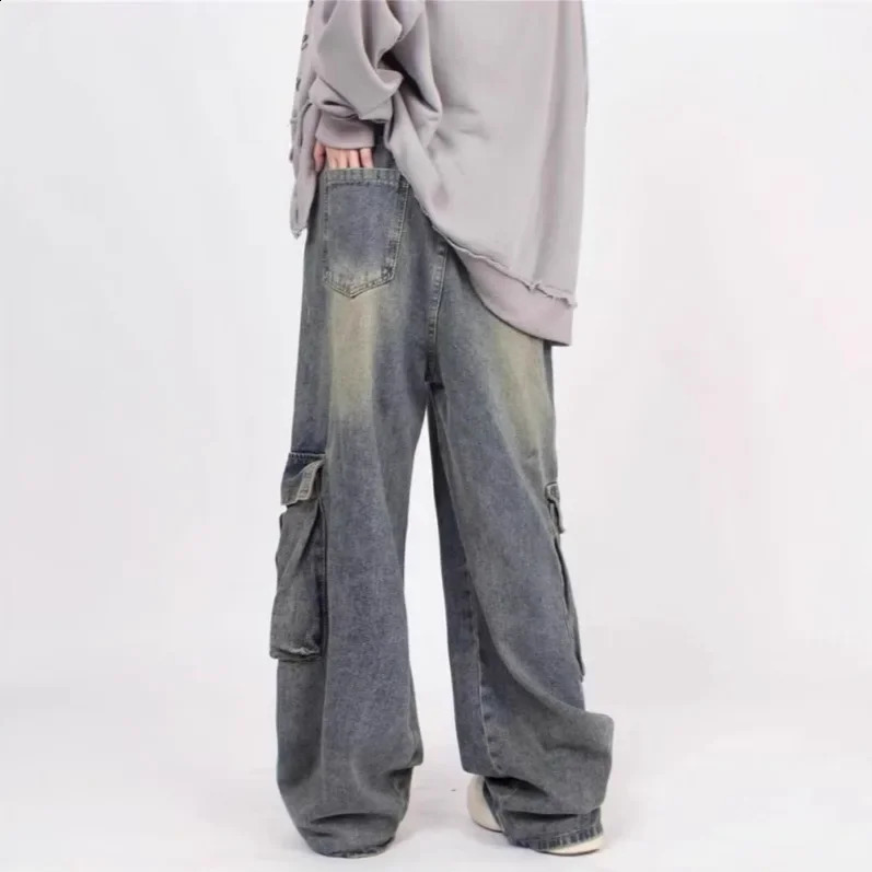 Vintage American Style Distressed Jeans Autumn Men Womens Couple High Street Multi-Pocket Draped Casual Work Trousers 250226