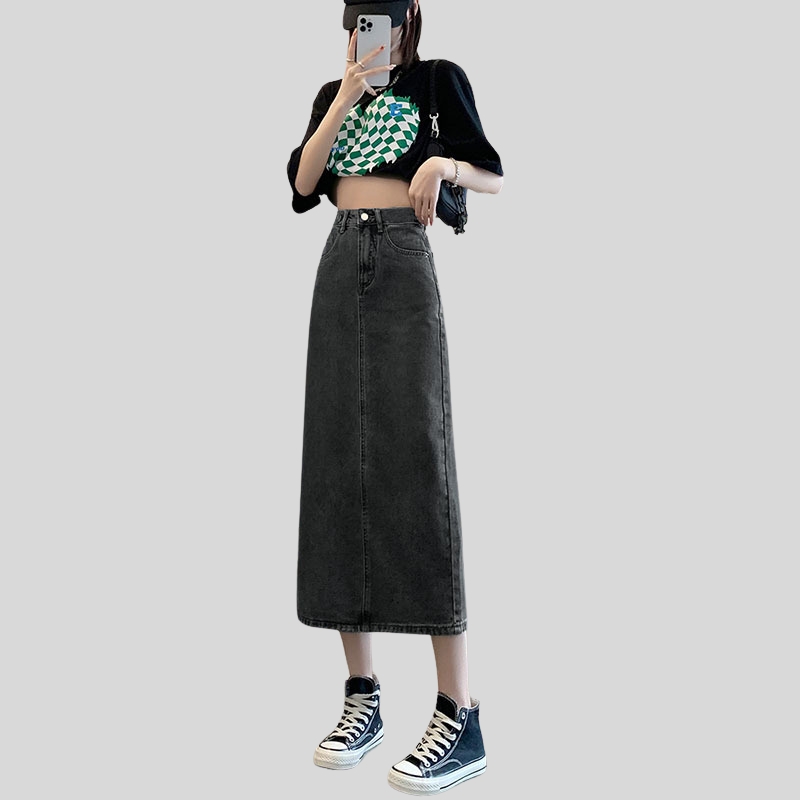 Spring women's clothing medium and long skirt high waist and thin A-shaped skirt spring clothing new denim split skirt