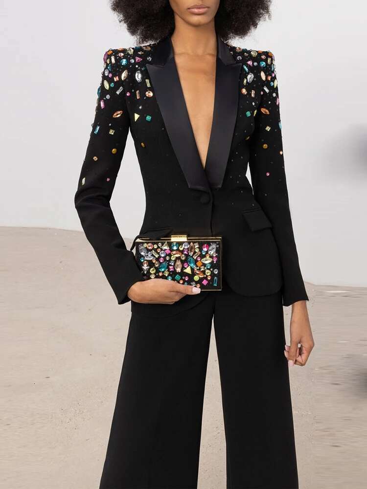 HIGH STREET Newest 2024 Designer Runway Fashion Suit Women's Slim Fitting Strass Dias Beaded Blazer Pants Set