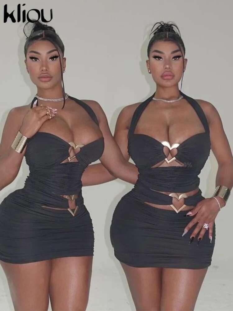 Kliou Heart Shape Decoration Women Mini Dress Sexy Halter Sleeveless Hollow Out Shirring Bodycon Female Midnight Trend Clubwear