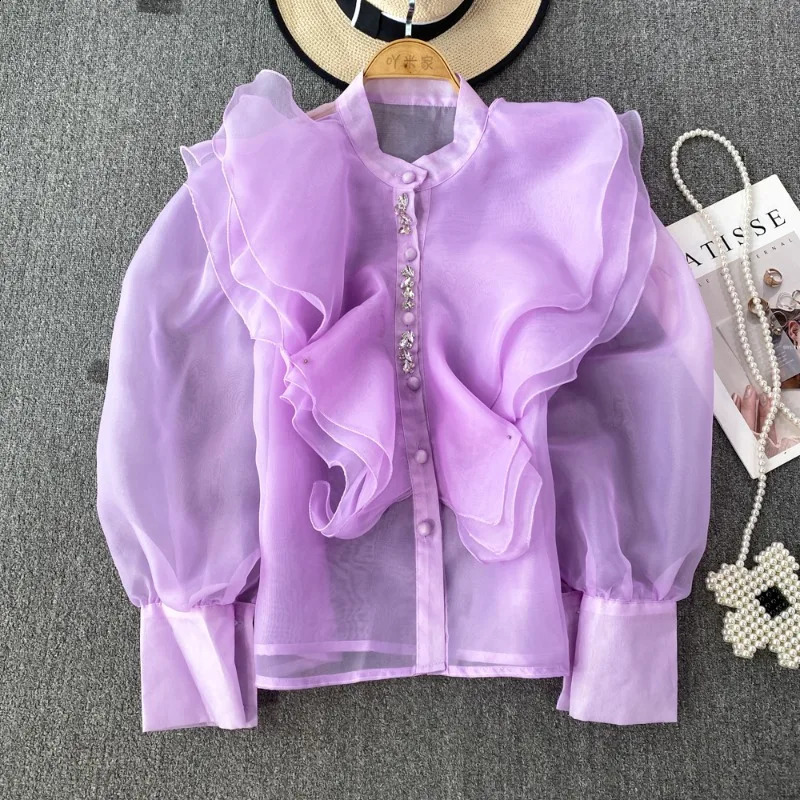 Chic Womens Tops And Blouses Organza Ruffles Blouse For Women Beading Mesh Sheer Blouse Feminina Elegant Korean Fashion Dropship 250228