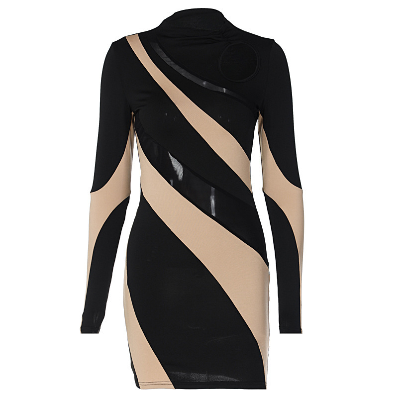 Women's New3 Spring New Product Fashion Splice Hollow Out Round Neck Long Sleeve Slim Fit Dress