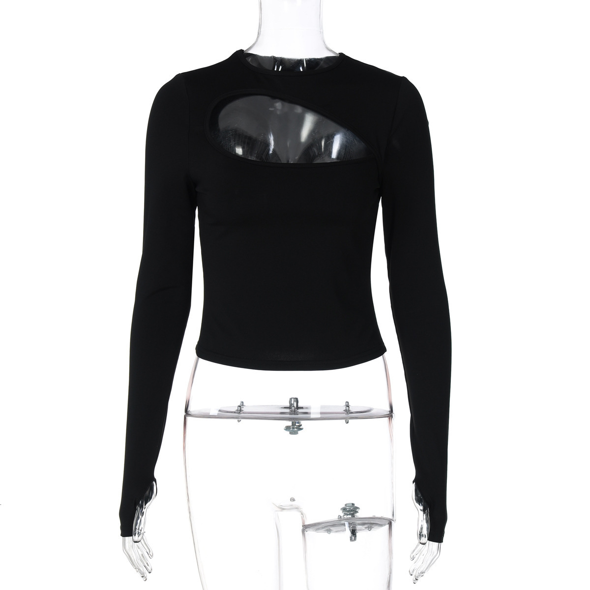 Wind 2025 Spring Hot Girl Sexy Hollow T-Shirt Solid Color Long Sleeve Slimming Top