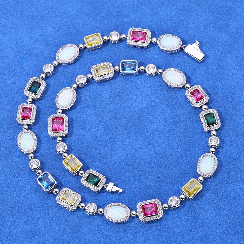 Multi Colored Gem Stone Chain White Gold Plated Vintage Women Choker Jewelry Colorful Rainbow Gemstone Bracelet Necklace Men