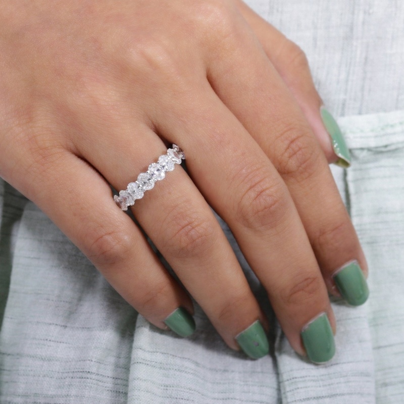 18K White Solid Gold 4.5*3.2mm Oval Cut Full Prong Set Stackable Ring For Women Lab Grown Diamond VCD HPHT Women Gold Ring