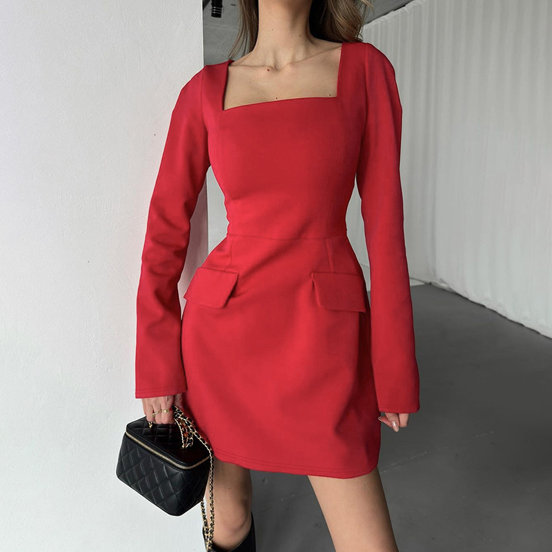 Women's New4 Winter New Product Fashionable Loose Square Collar Middle Waist Strap Long Sleeve Dress For Women